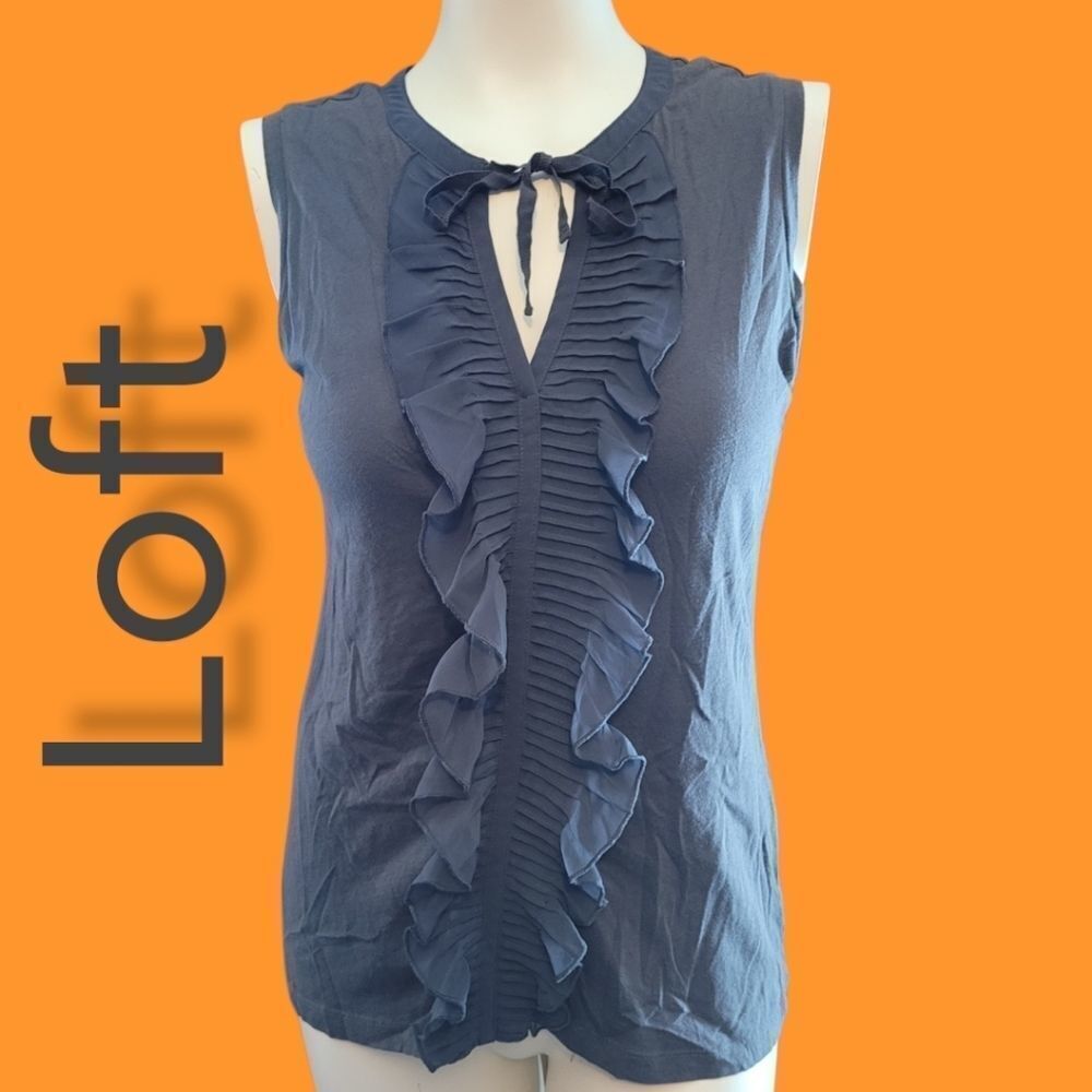 Ann Taylor Loft Ruffled Sleeveless Blouse Gray Med
